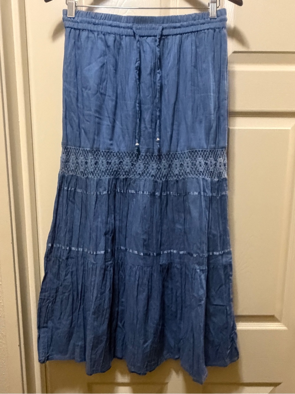 Argee Design Studio Blue Cotton Maxi Skirt M Boho Crochet Tiered Drawstring